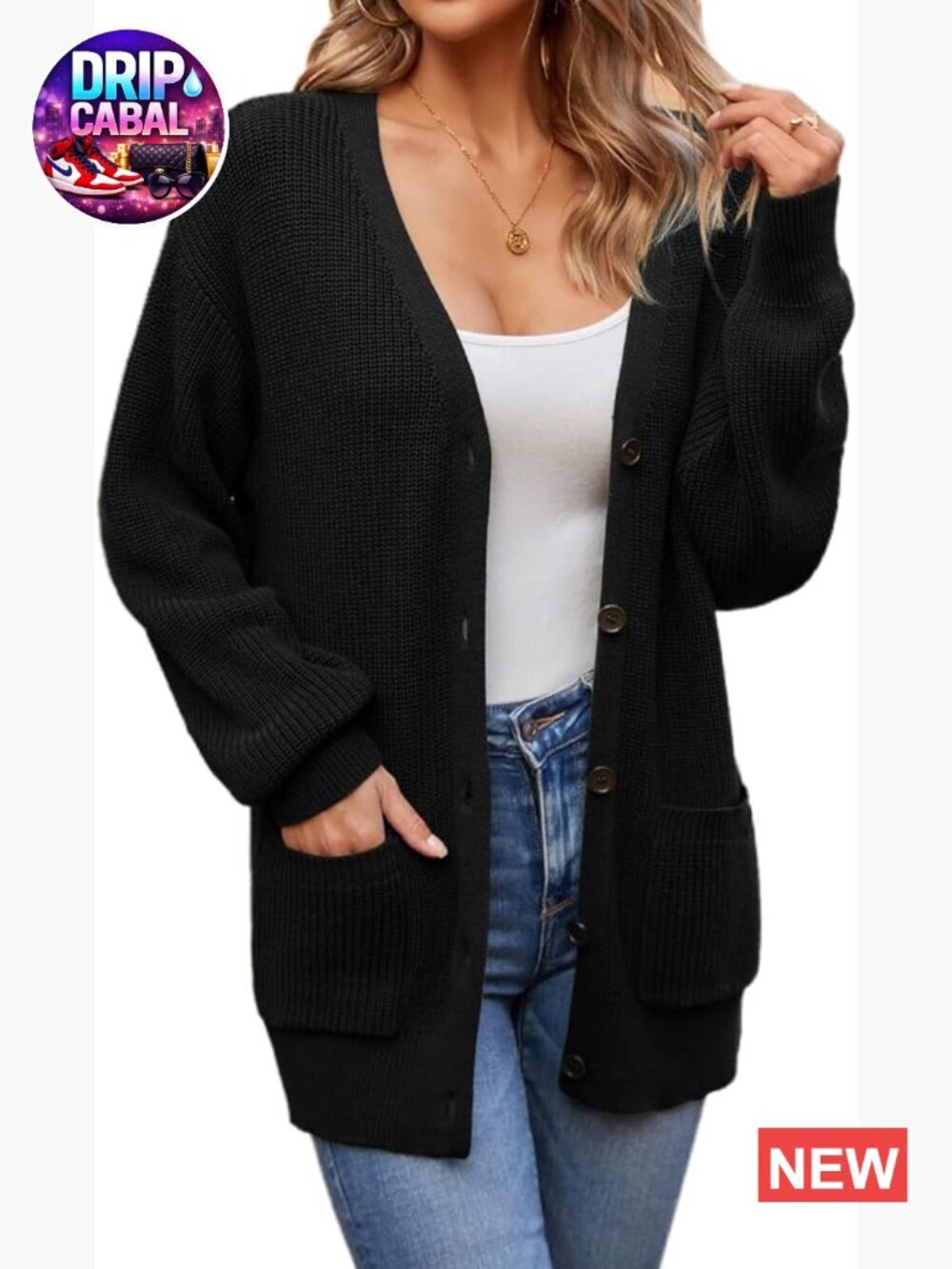 100% Cotton Oversized Cardigan with Pockets Button Front V-Neck